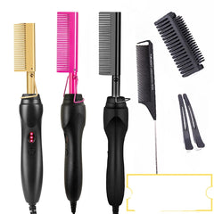 Leeons Black Hot Comb Hair Straightener Flat Iron Electric Hot Heating Comb Wet And Dry Hair Curler Straight Styler Curling Iron