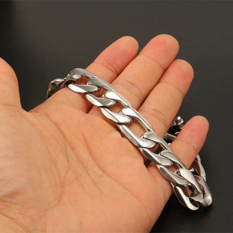 15mm Stainless Steel Cuban Link Chain for Men Women Silver Color Chain Bracelet Punk Rock Personalized Custom Men Bracelets