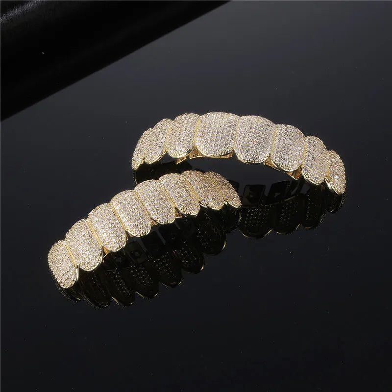 Hip Hop Full CZ Stones Teeth Grillz Caps Cubic Zircon Iced Out Micro Pave Top&Bottom Charm Grills Set For Men Women Jewelry Gift