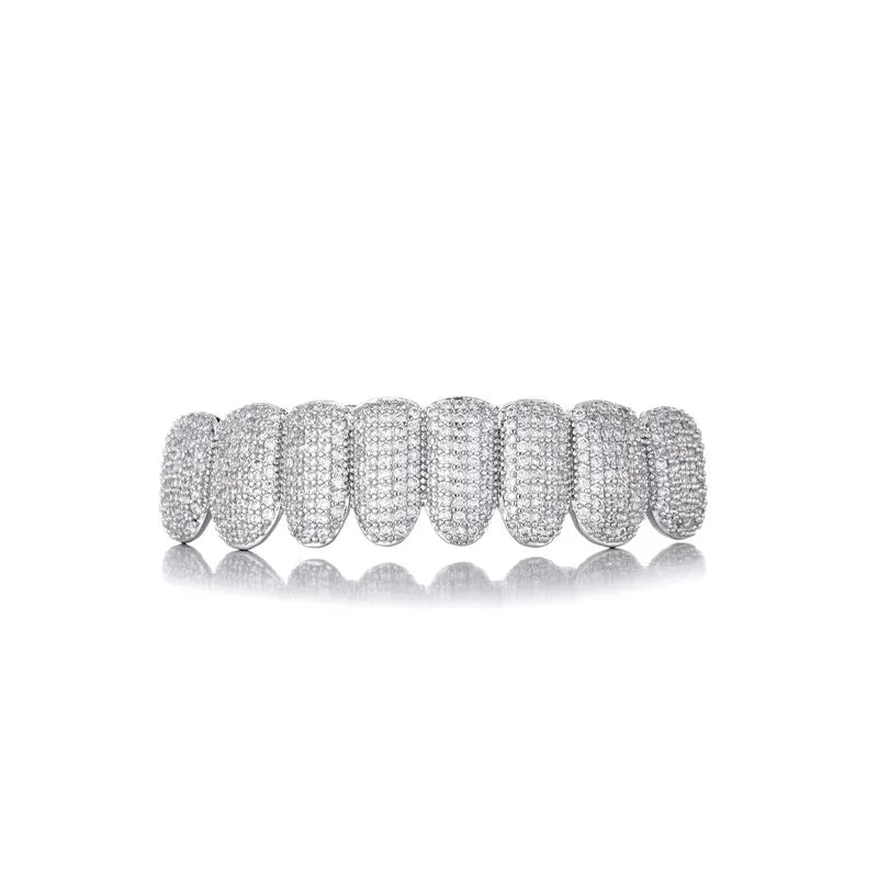 Hip Hop Full CZ Stones Teeth Grillz Caps Cubic Zircon Iced Out Micro Pave Top&Bottom Charm Grills Set For Men Women Jewelry Gift