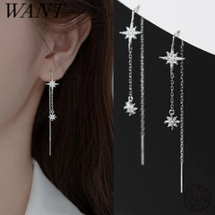 925 Sterling Silver Ray Shiny Star Tassel Ear Line Charm Luxury Zircon Drop Earrings Women Romantic Party Jewelry Gift