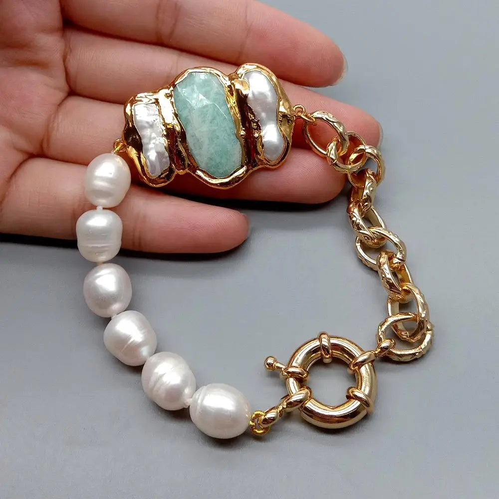 natural Cultured White Rice Pearl Biwa Pearl Chain Bracelet  8"  vintage style for women