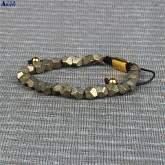 Hand Cut Natural Pyrite Stone Thread Braided Macrame Bracelet Healing Energy Men Jewelry Women Bangle