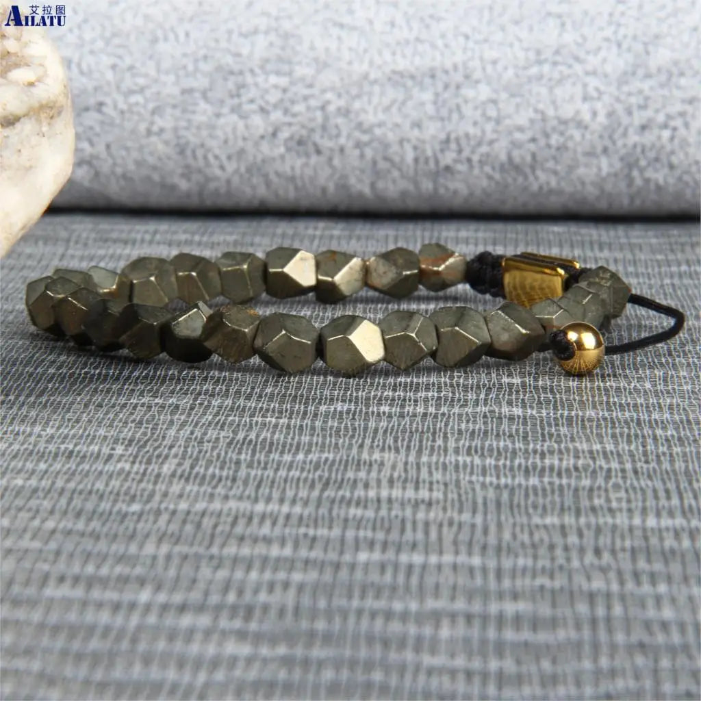 Hand Cut Natural Pyrite Stone Thread Braided Macrame Bracelet Healing Energy Men Jewelry Women Bangle