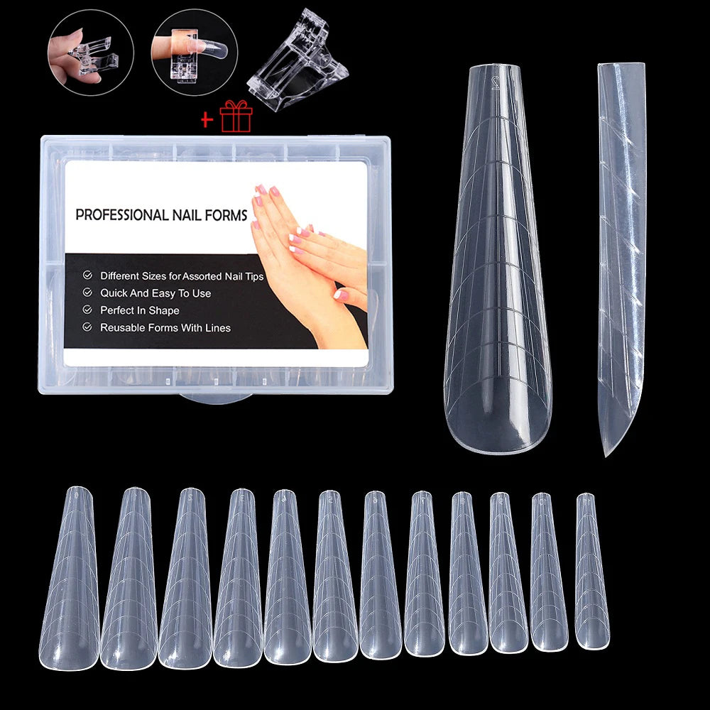 NEW Stiletto Coffin Clear Dual Forms False Tips Quick Building Gel Mold Nail System Full Cover Nail Extension Forms Top