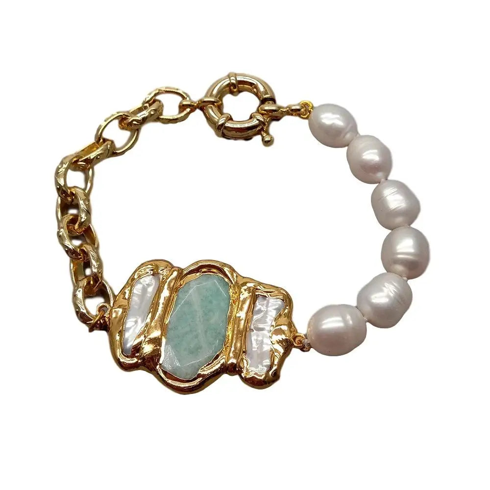 natural Cultured White Rice Pearl Biwa Pearl Chain Bracelet  8"  vintage style for women