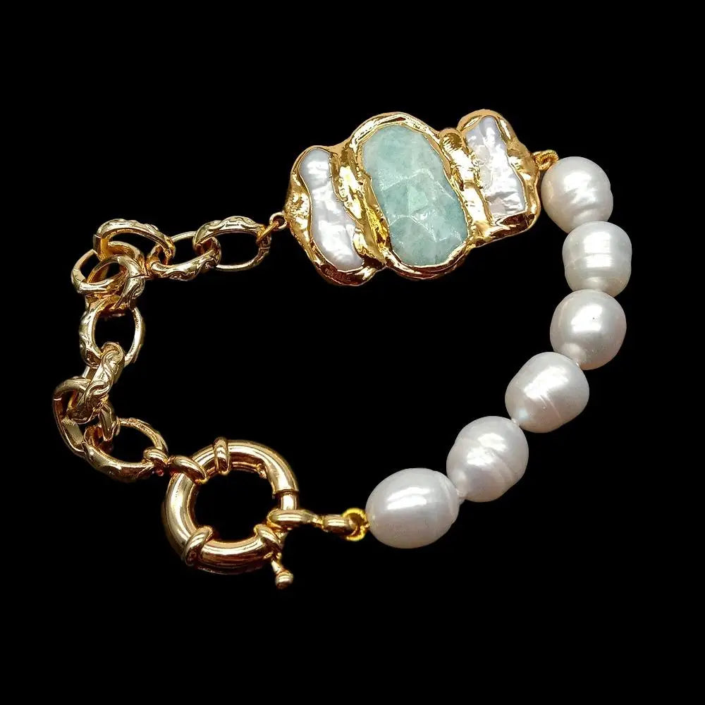 natural Cultured White Rice Pearl Biwa Pearl Chain Bracelet  8"  vintage style for women