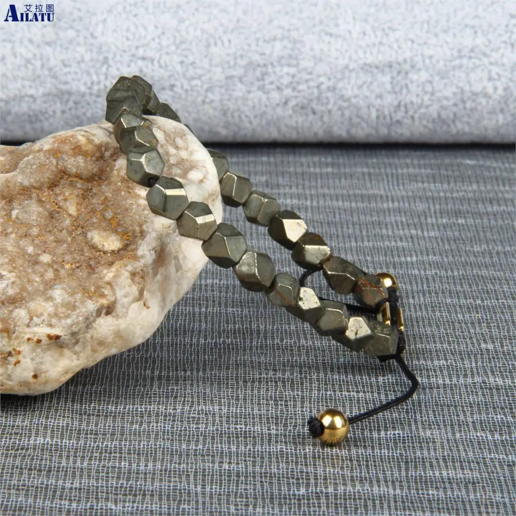 Hand Cut Natural Pyrite Stone Thread Braided Macrame Bracelet Healing Energy Men Jewelry Women Bangle