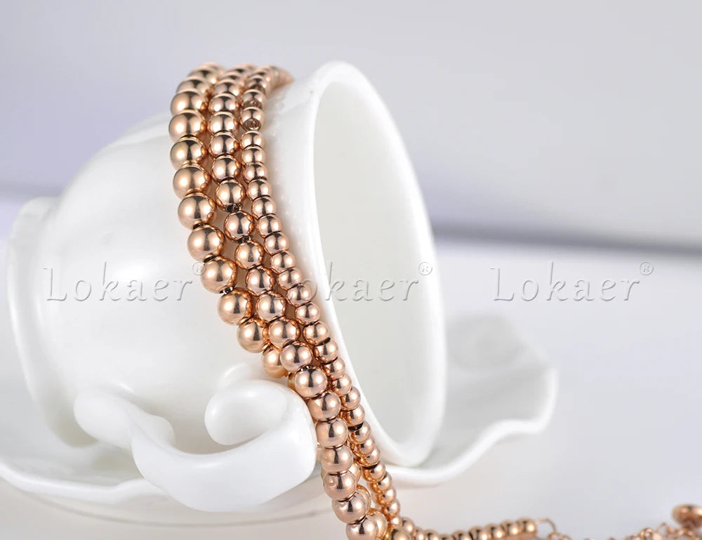 Lokaer Classic Rose Gold Color 4/5/6mm Round Beads Strand Bracelets Bangle Stainless Steel Link Chain Bracelet For Women B18023