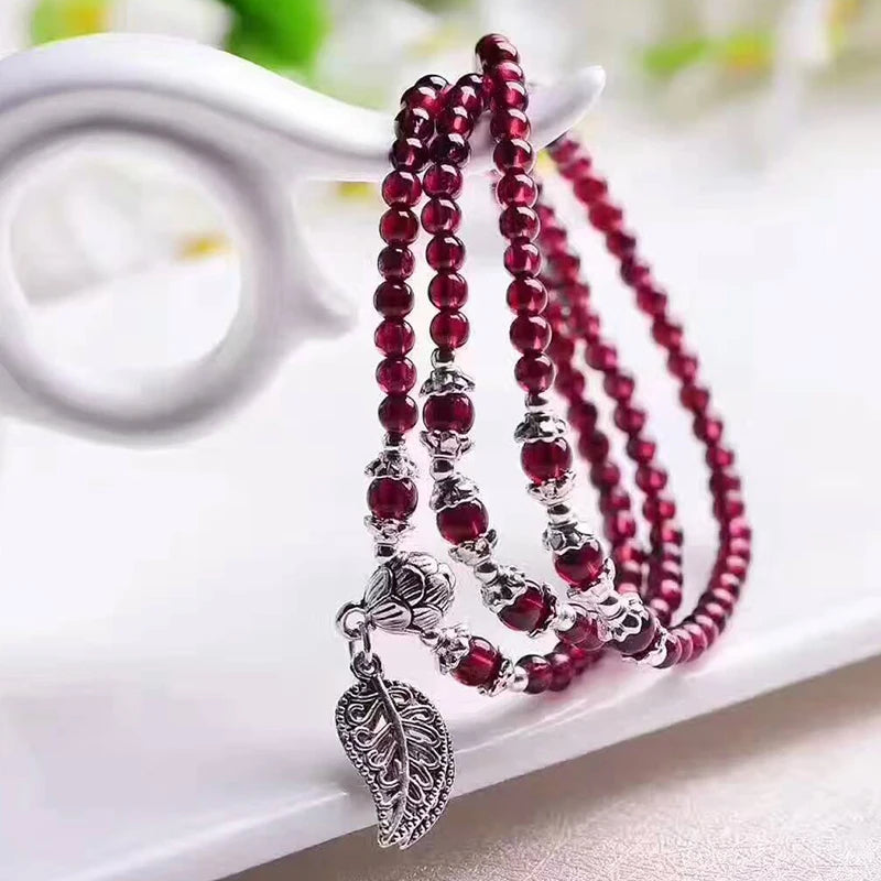 Wine Red Garnet Natural Stone Bracelets Beads Tibetan Silver Leaf Pendant Women Beauty Bracelet Multilayer Jewelry