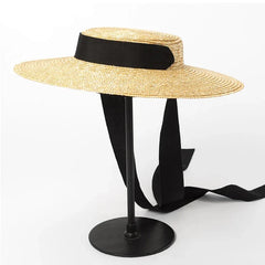 Wide Brim Boater Hat 10cm 15cm Brim Straw Hat Flat Women Summer Kentucky Derby Hat White Black Ribbon Tie Sun Hat Beach Cap