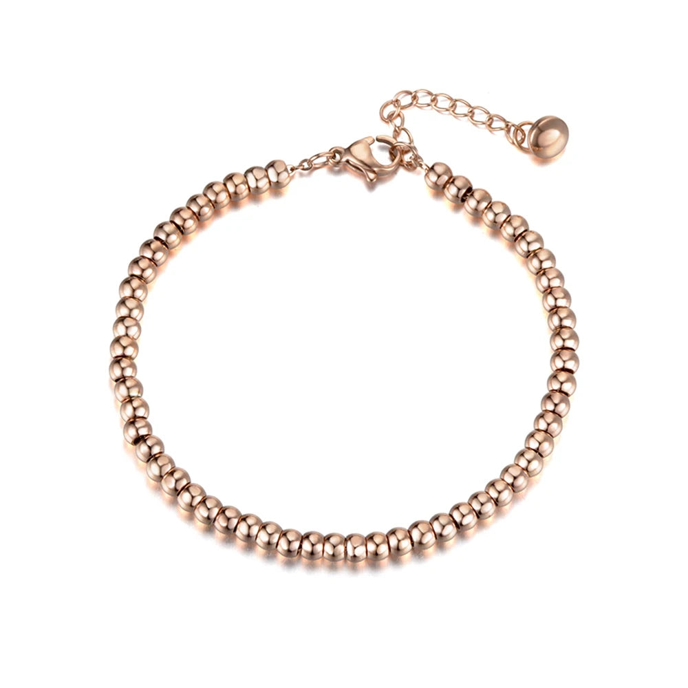 Lokaer Classic Rose Gold Color 4/5/6mm Round Beads Strand Bracelets Bangle Stainless Steel Link Chain Bracelet For Women B18023