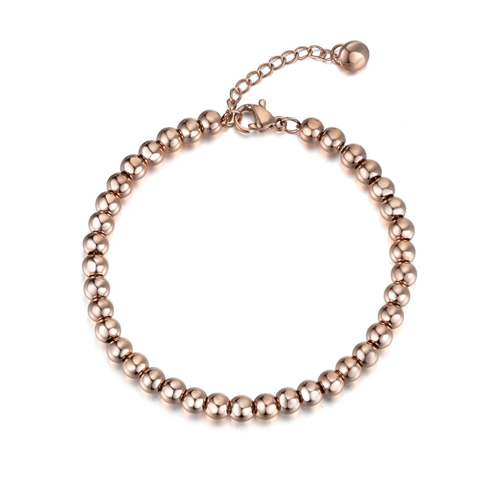 Lokaer Classic Rose Gold Color 4/5/6mm Round Beads Strand Bracelets Bangle Stainless Steel Link Chain Bracelet For Women B18023