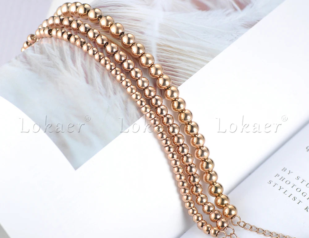 Lokaer Classic Rose Gold Color 4/5/6mm Round Beads Strand Bracelets Bangle Stainless Steel Link Chain Bracelet For Women B18023