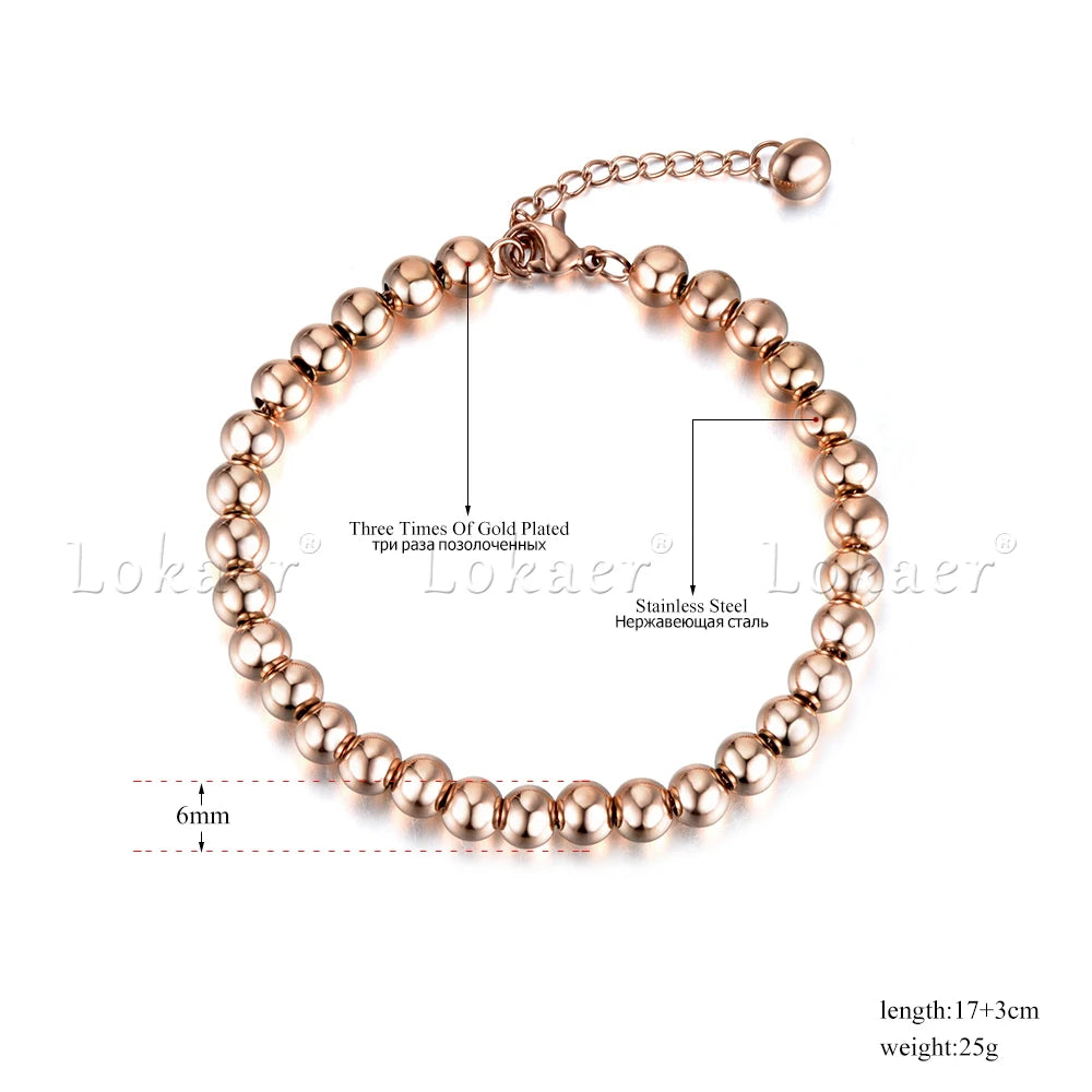 Lokaer Classic Rose Gold Color 4/5/6mm Round Beads Strand Bracelets Bangle Stainless Steel Link Chain Bracelet For Women B18023