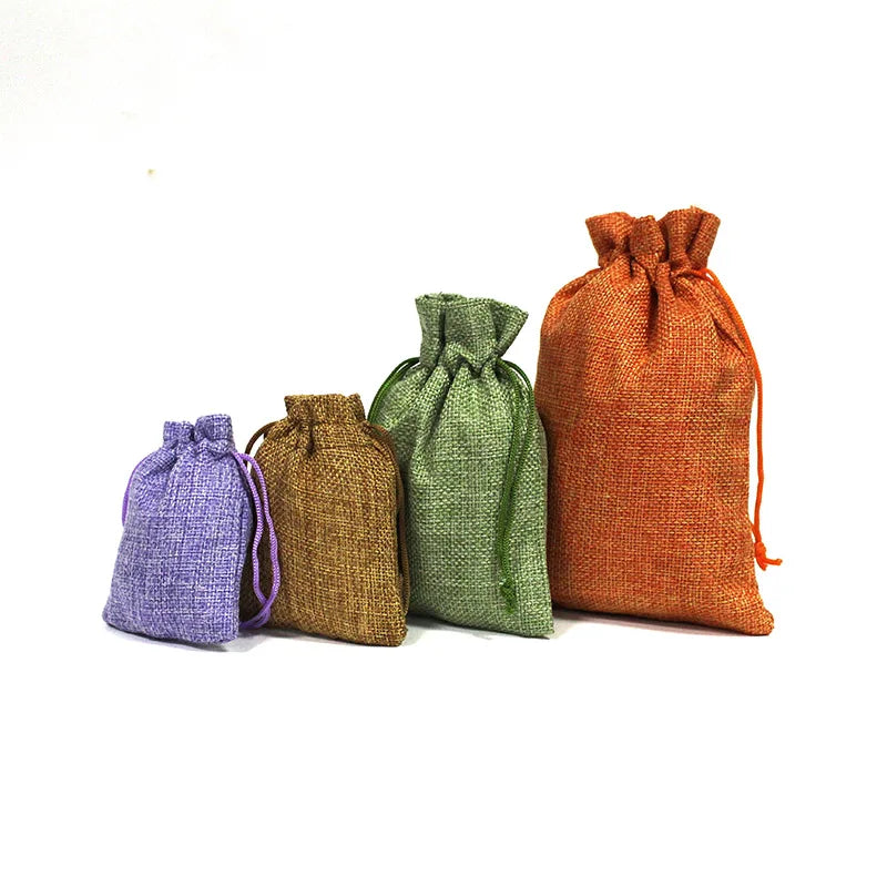 50Pcs/Lot Drawstring Natural Burlap Bag Jute Gift Bags Multi Size Jewelry Packaging Wedding Bags with Candy Bag Can Custom Logo