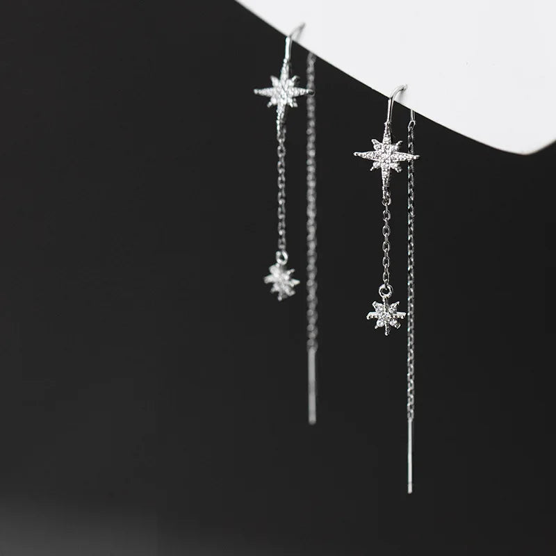 925 Sterling Silver Ray Shiny Star Tassel Ear Line Charm Luxury Zircon Drop Earrings Women Romantic Party Jewelry Gift