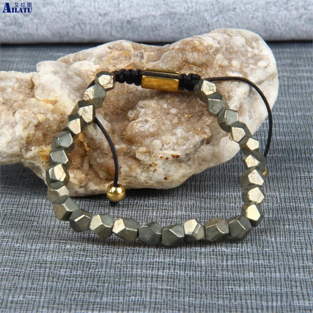 Hand Cut Natural Pyrite Stone Thread Braided Macrame Bracelet Healing Energy Men Jewelry Women Bangle