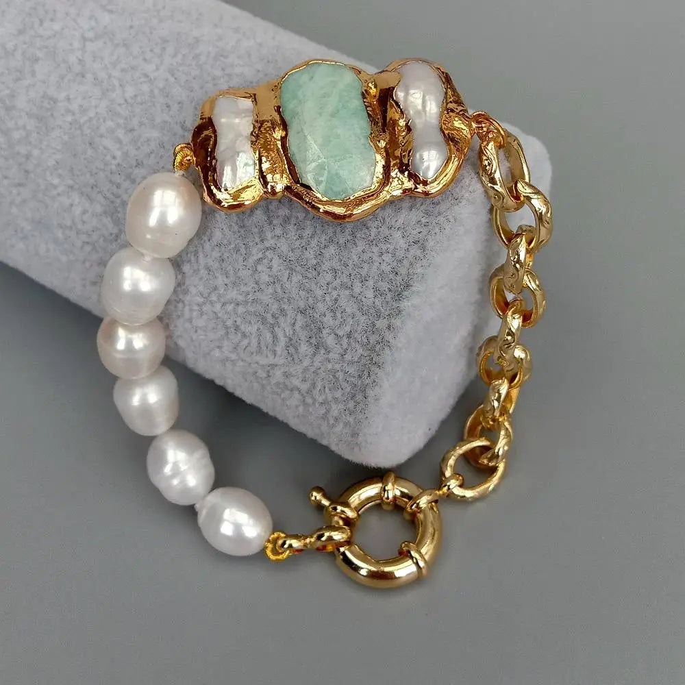 natural Cultured White Rice Pearl Biwa Pearl Chain Bracelet  8"  vintage style for women