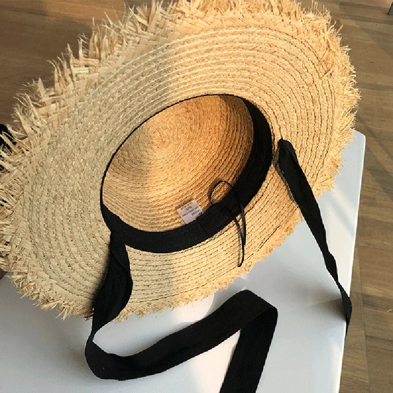 Straw Hat Women Wide Brim Sun Protection Beach Hat Black and White Ribbon Bowknot Straw Cap Casual Ladies Flat Top Panama Hat