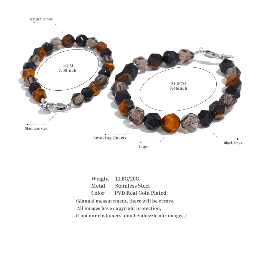 Natural Smoking Quartz Tiger Stone Beads Unisex Couple Health Bracelet Stainless Steel Handmade Fashion Jewelry Men