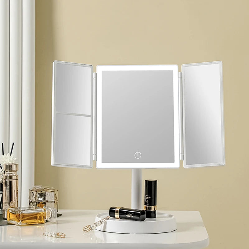 Folding LED Vanity Makeup Mirror with Touch Screen 3 Tone Light 2X/3X Magnifying 360° Rotate Rechargeable Dimming Make Up Mirror