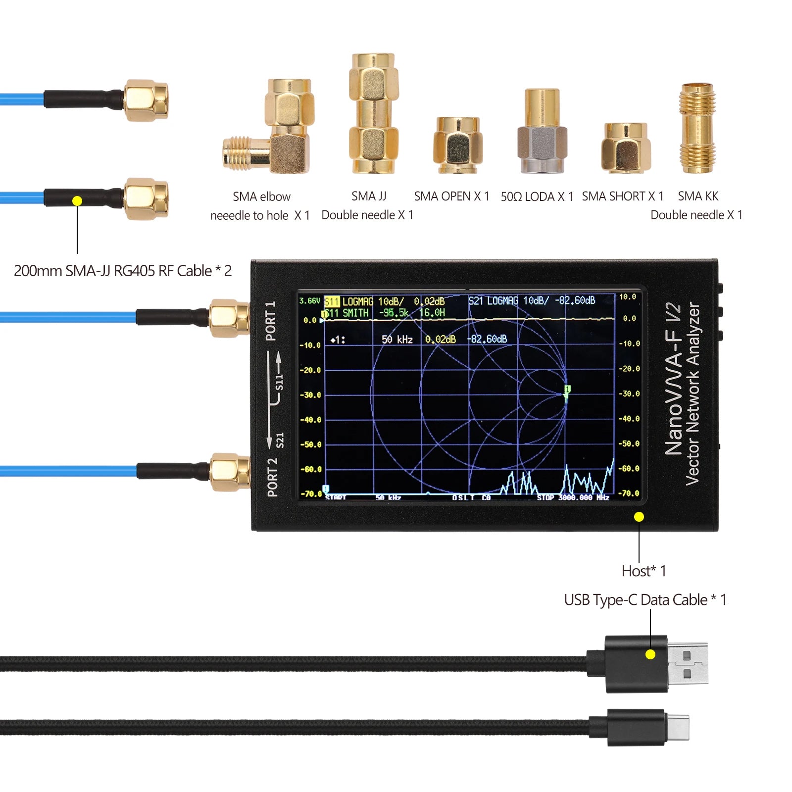 NanoVN-F V2 Vector Network Analyzer 50KHz-3GHz Frequency 4.3Inch IPS LCD Display S-A-A-2 Short Waves HF VHF UHF Antenna Analyzer