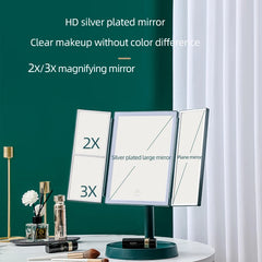 Folding LED Vanity Makeup Mirror with Touch Screen 3 Tone Light 2X/3X Magnifying 360° Rotate Rechargeable Dimming Make Up Mirror