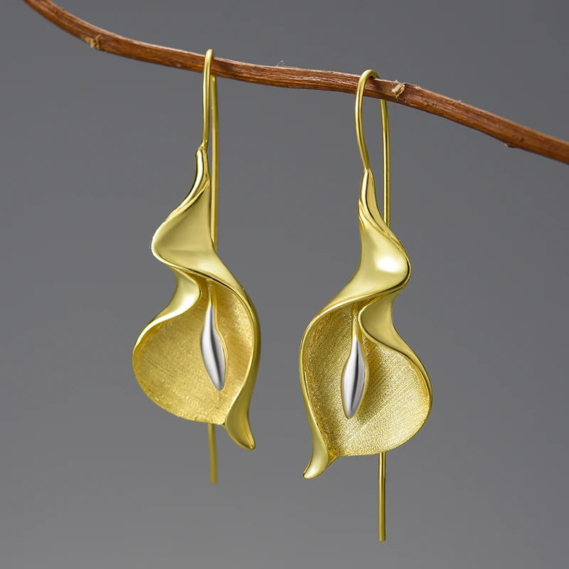 18K Gold Long Hanging New Calla Lily Flower Dangle Earrings for Women Real 925 Sterling Silver Luxury Fine Jewelry