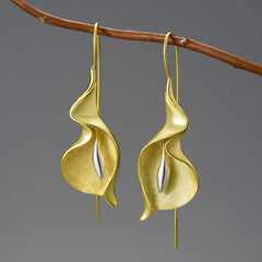 18K Gold Long Hanging New Calla Lily Flower Dangle Earrings for Women Real 925 Sterling Silver Luxury Fine Jewelry