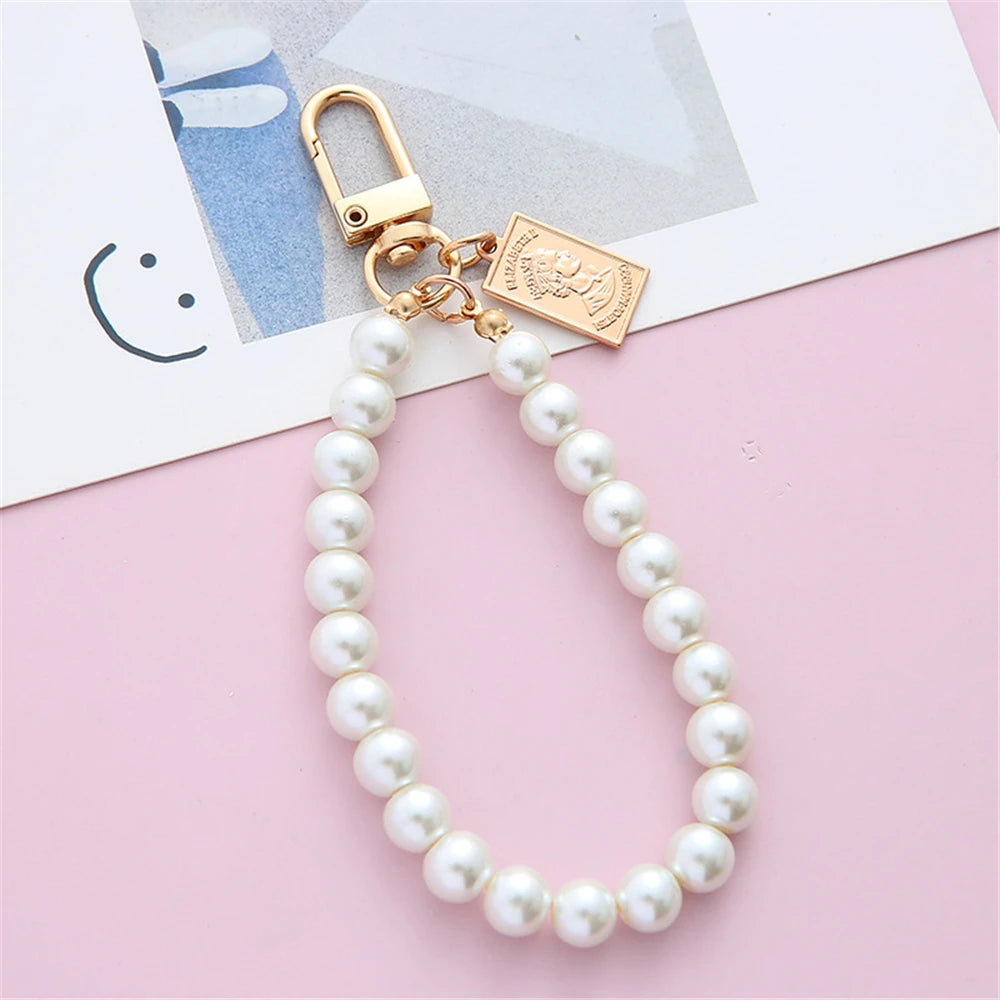 Simulated Pearl Key Chain for Aorpods Bag Pendant Beaded Key Holder for Women Mobile Phone DIY Jewelry Accessories