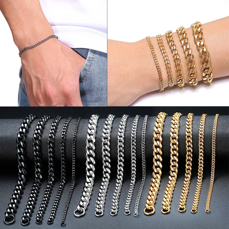 Mens Simple 3-11mm Stainless Steel Curb Cuban Link Chain Bracelets for Women Unisex Wrist Jewelry Gifts