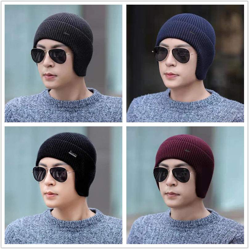 New Men Winter Hat Add Fleece Warm Earflap Cap Stylish Soft Beanie Hat For Male Outdoor Thicken Ski Sports Knitted Hat