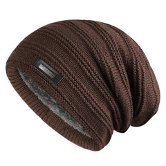 Warm Men's Winter Hat Polyester Fleece Lined Knitted Cap Striped Plain Beanies with Tag Fashion