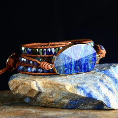 Exclusive Wrap Bracelets with Natural Stones Lapis Lazuli Leather Strap Woven Beads Bracelets Jewelry Femme