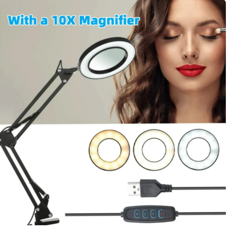 72LED 8X/10X NEW Illuminated Magnifier USB 3 Colors LED Magnifying Glass for Soldering Iron Repair/Table Lamp/Skincare Beauty