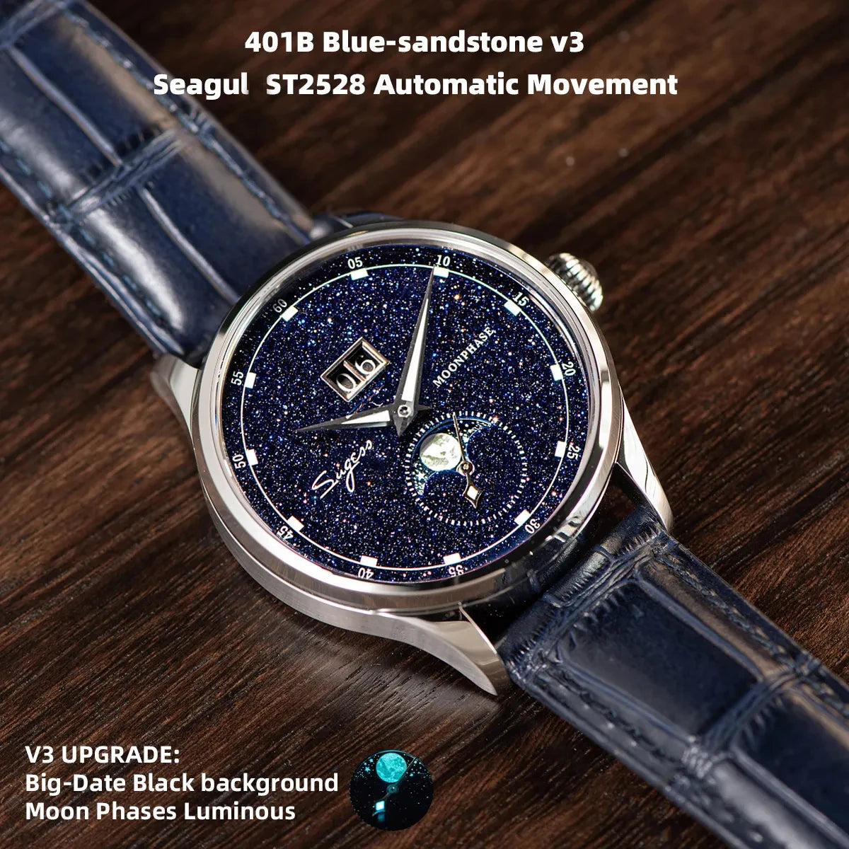 Sugess Moonphase Luxury Wristwatches 316L StainlessSteel Case Tianjin ST2528 Movement Gemstone Stars Dial Men's Wrist Watch Gift