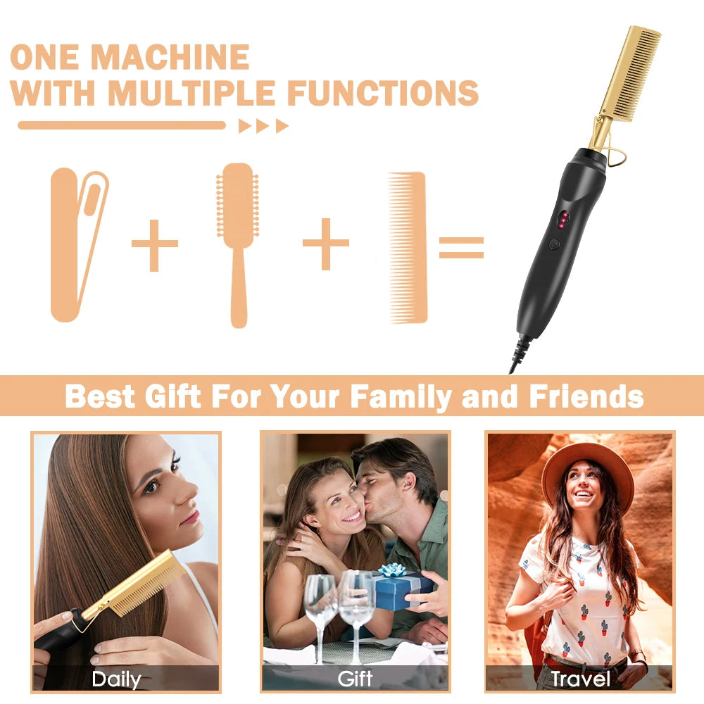 Leeons Black Hot Comb Hair Straightener Flat Iron Electric Hot Heating Comb Wet And Dry Hair Curler Straight Styler Curling Iron