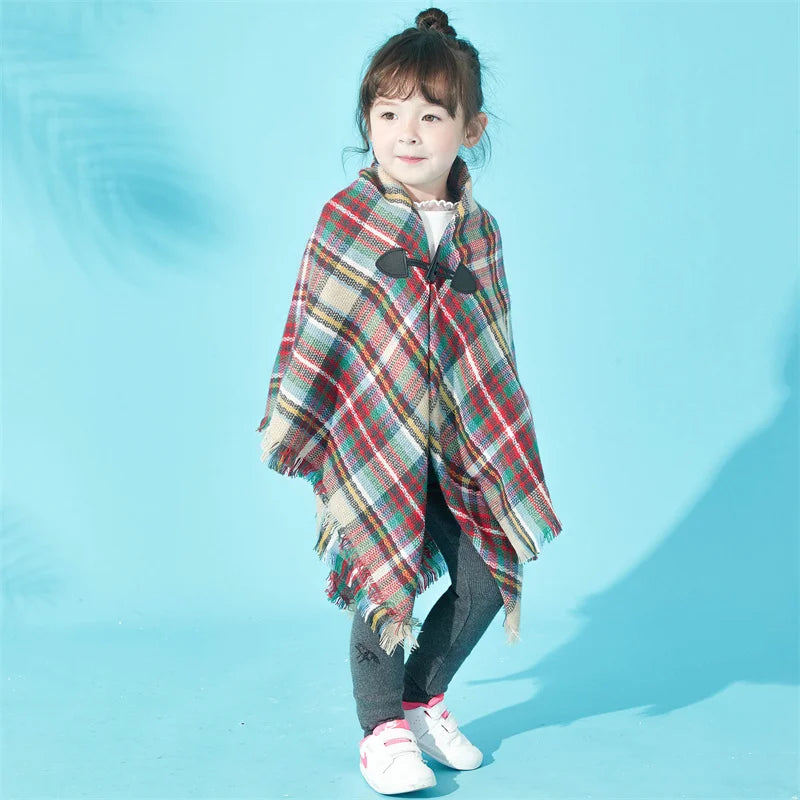 Elegant Fashion Autumn Winter Warm Baby Kids Girls Scarf Cloak Plaid Knit Cape Shawl Muffler Children Scarves 5-14 years old