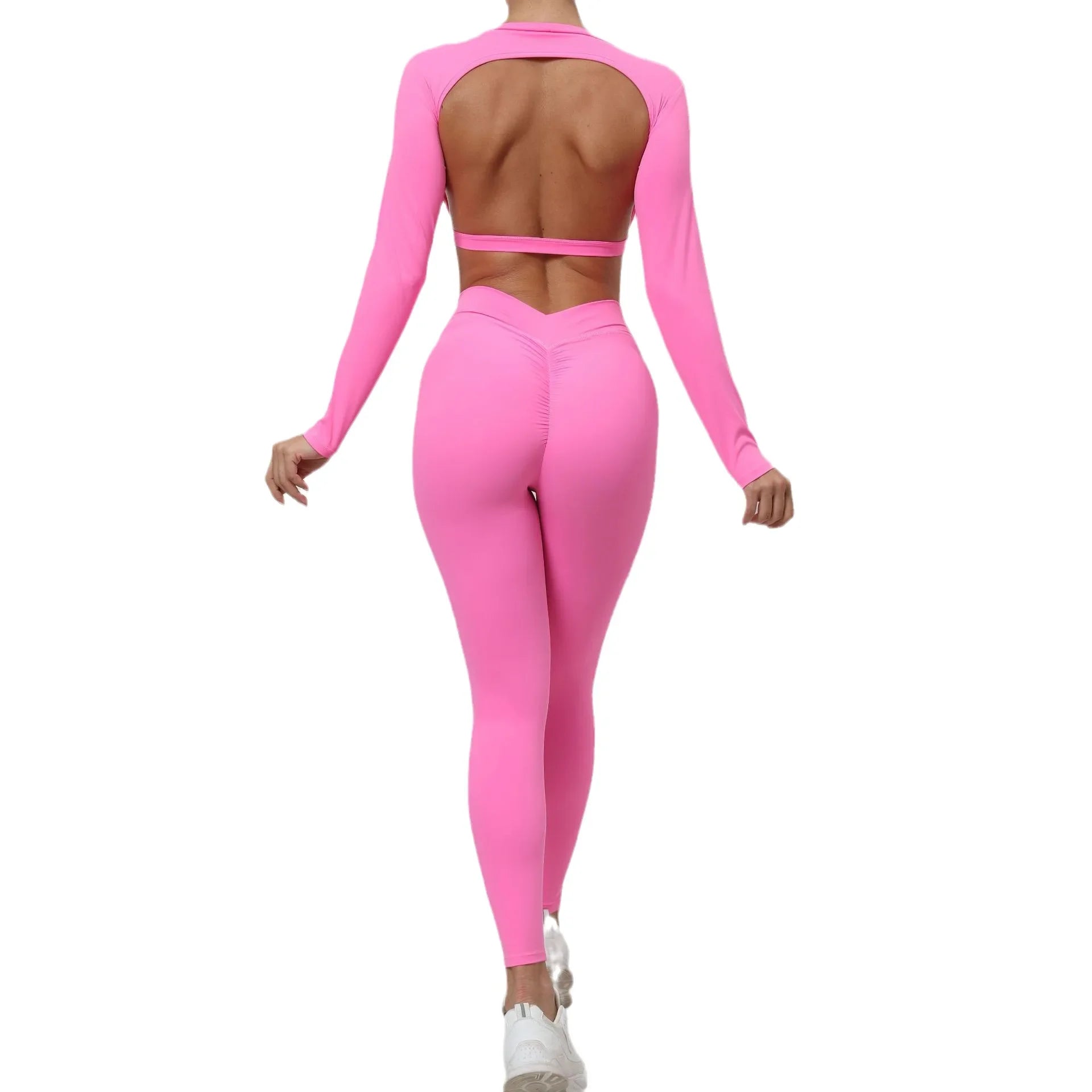 Seamless Backless Yoga Sets Sports Fitness High Waist Hip-lifting Trousers Long-Sleeved Suit Workout Gym Leggings Set for Women