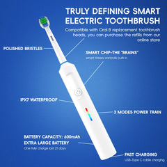 Electric Toothbrush, 3 Modes USB Fast Rechargeable Rotary Electric Toothbrush with Timer, Travel Case and 2 Brush Heads