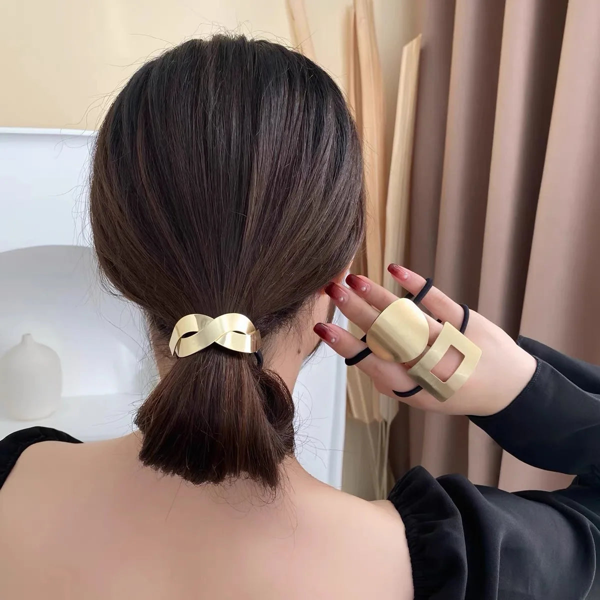 Fashion Metal Circle Hair Rope Tie For Women Girls Gold Color Gothic Punk Ponytail Holder High Elastic Simple Hair Band