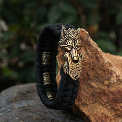 Handmade Mens Rope Bracelet With Bronze Colored Stainless Steel Wolf Head Closure