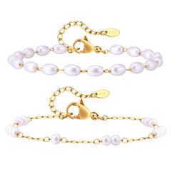 Pearl Bracelet 18k Gold Plated, Stainless Steel Chain Adjustable Friendship Gift for Women