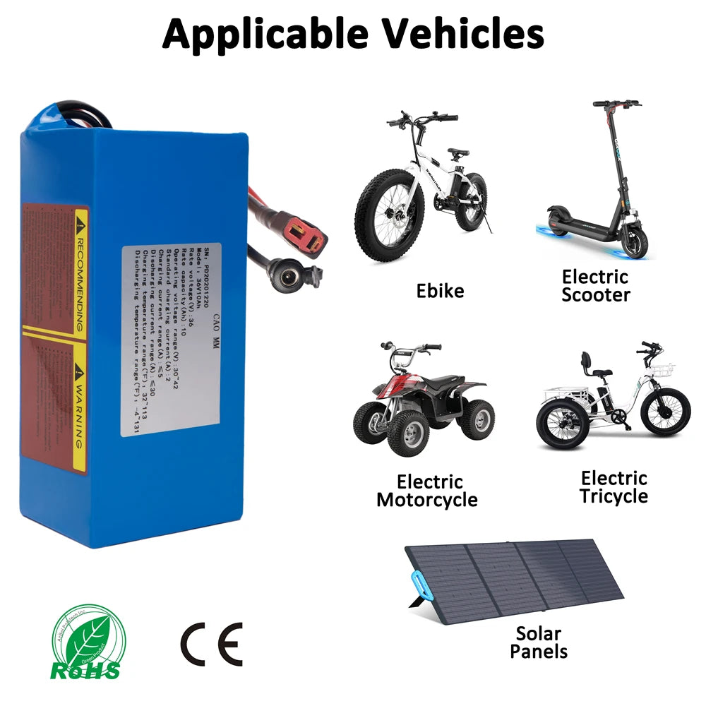 36v Battery, 10Ah/ 14AH/ 16AH/ 20AH Ebike Battery for 200-1200W Electric Bike Bicycle, Scooter and Other Motor