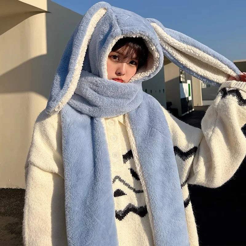 Hat Scarf Gloves all-in-one three-piece Winter Sweet Cute Rabbit Ears Plush Scarf Hat Outdoor Warm Cap