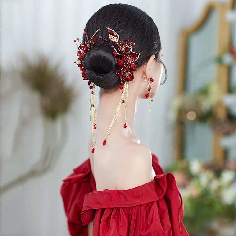 2pcs set red fairy tassel hair clips earrings sets flower wedding hair accessories