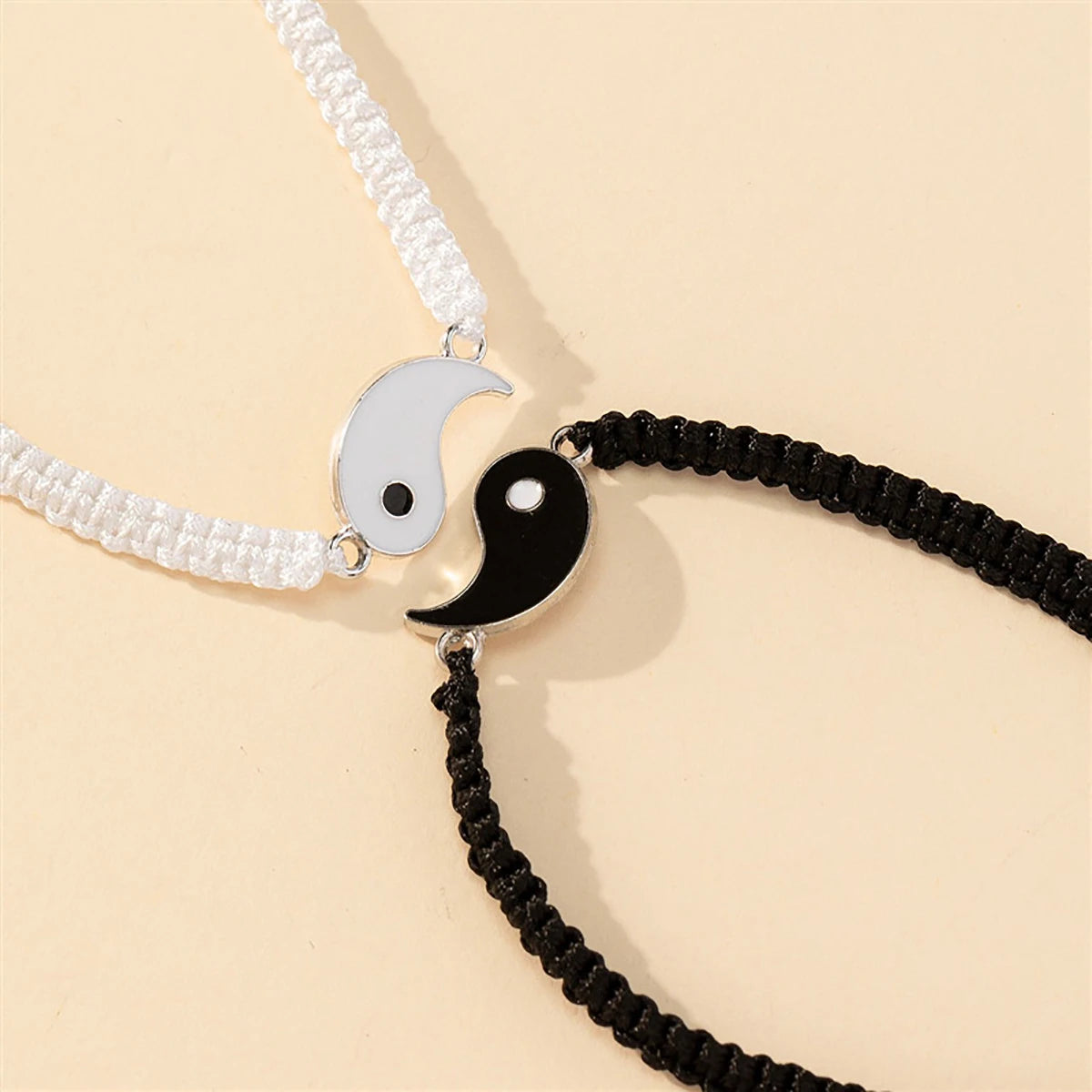 1 set of 2 simple Tai Chi bagua black and white rope braided telescopic adjustment bracelet for men and women coupl