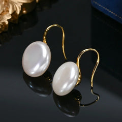 HENGSHENG OL Natural Freshwater 11-13mm White Button Shape Baroque Pearl 925 Sterling Silver Ear Hook Jewelry for Women Girls