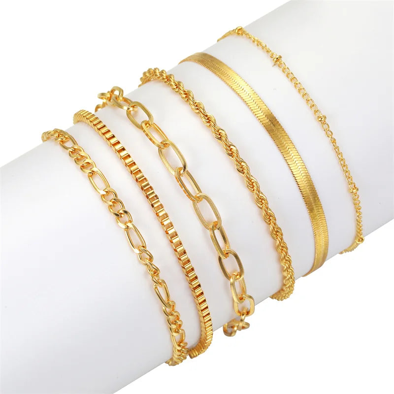 6Pcs Gold Color Bracelet Set Boho Retro Thick Twist Cuban Chain Bracelet for Women 2023 Trendy Quality Jewelry Gifts